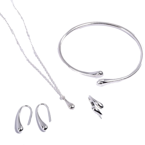 EeaseMX Conjunto de 4 pulseras, pendientes y anillos de plata 925 con forma de gota de agua para novia (plata)