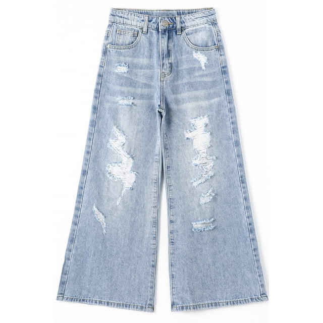 KIDSCOOL SPACE Girls Flare Jeans,Little Big Girl Ripped Wide Leg Soft Denim Pant,11-12 Years