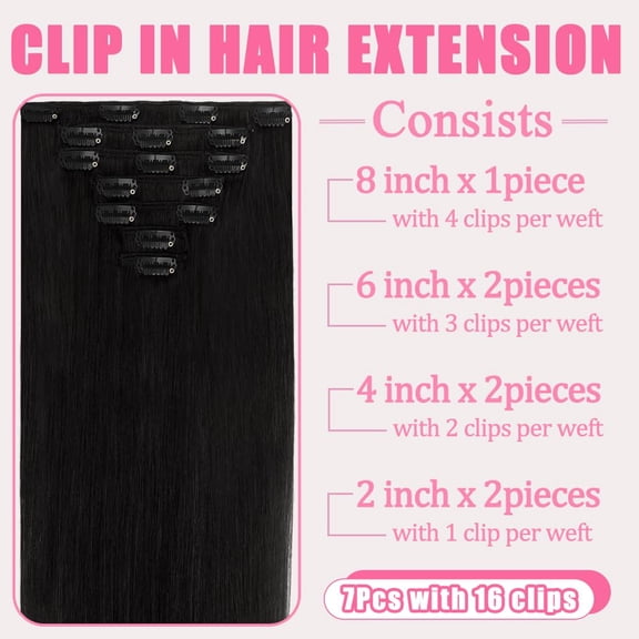 WEIF-Clip in Hair Extensions Real Human Hair, 7Pcs 16 Inch Double Weft Seamless Invisible Human Hair Clip in Extensions, 85g Natural Black Straight Human Hair Extensions 100% Brazilian Remy Human