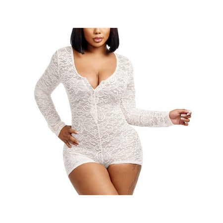

Eyicmarn Women Lace Lingerie Adults See-through Floral Long Sleeve U-shaped Neck Playsuit
