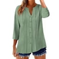 thumbnail image 3 of Endives Womens Tops Cotton Linen Button Down Shirts V Neck Pleated Casual Loose Blouses Roll Up Sleeve Shirt Spring Summer, 3 of 6
