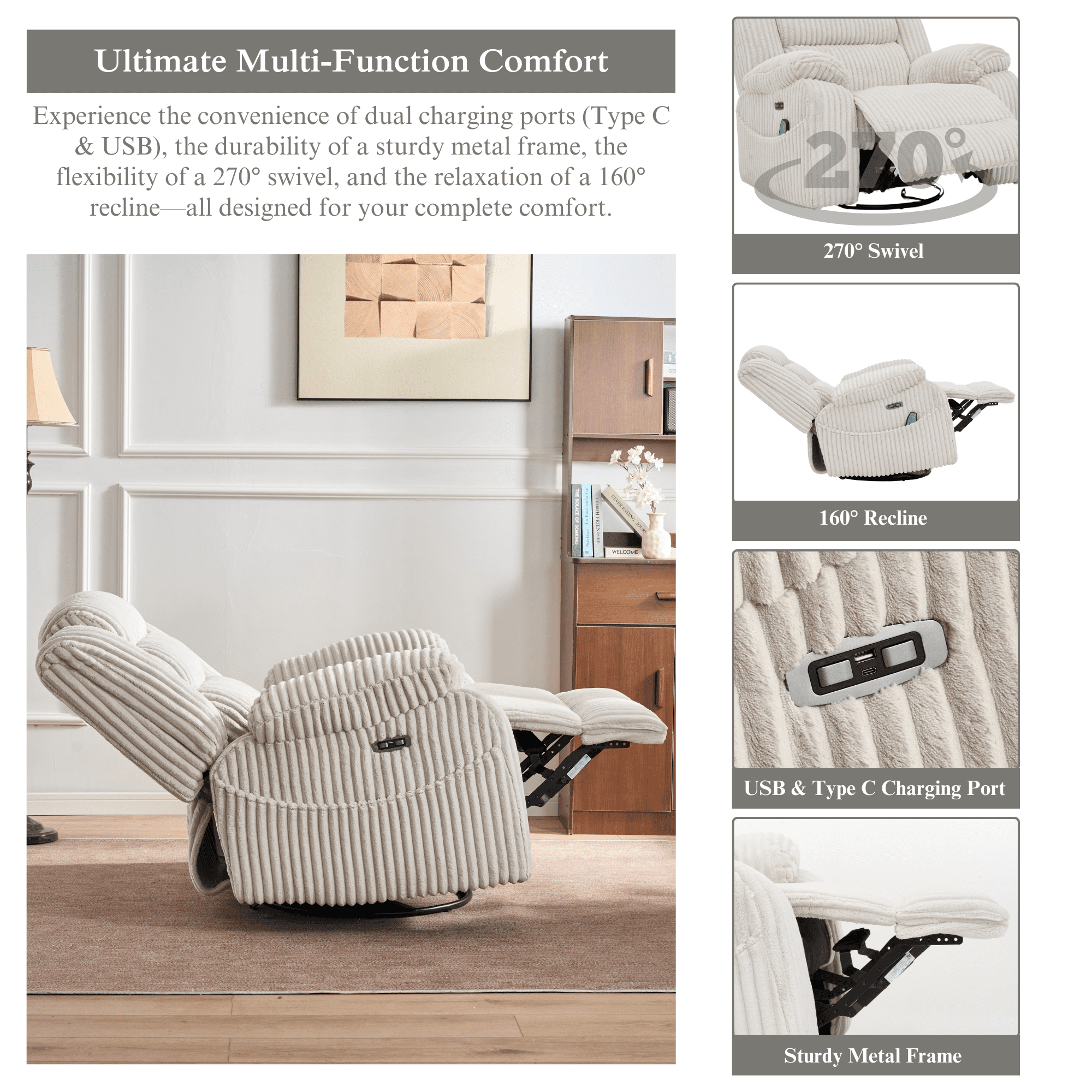 JUUXO Extra Wide Rocker Recliner Swivel Chair Nursery with Heat Massage - USB & Type C Charging Port - Velvet Swivel Reclining Chair for Living Room Bedroom Office