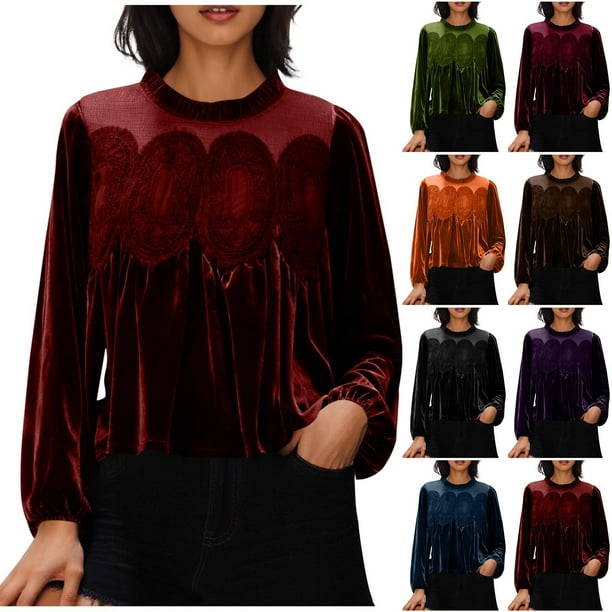 RKSTN Women's Velvet Long Sleeve Shirts Oversized Crewneck Elegant Velvets Trim Lace T Shirt Pullover Top Womens Casual Solid Plus Size Round Neck Loose Comfy Tee Shirt Velour Holiday Party Blouses