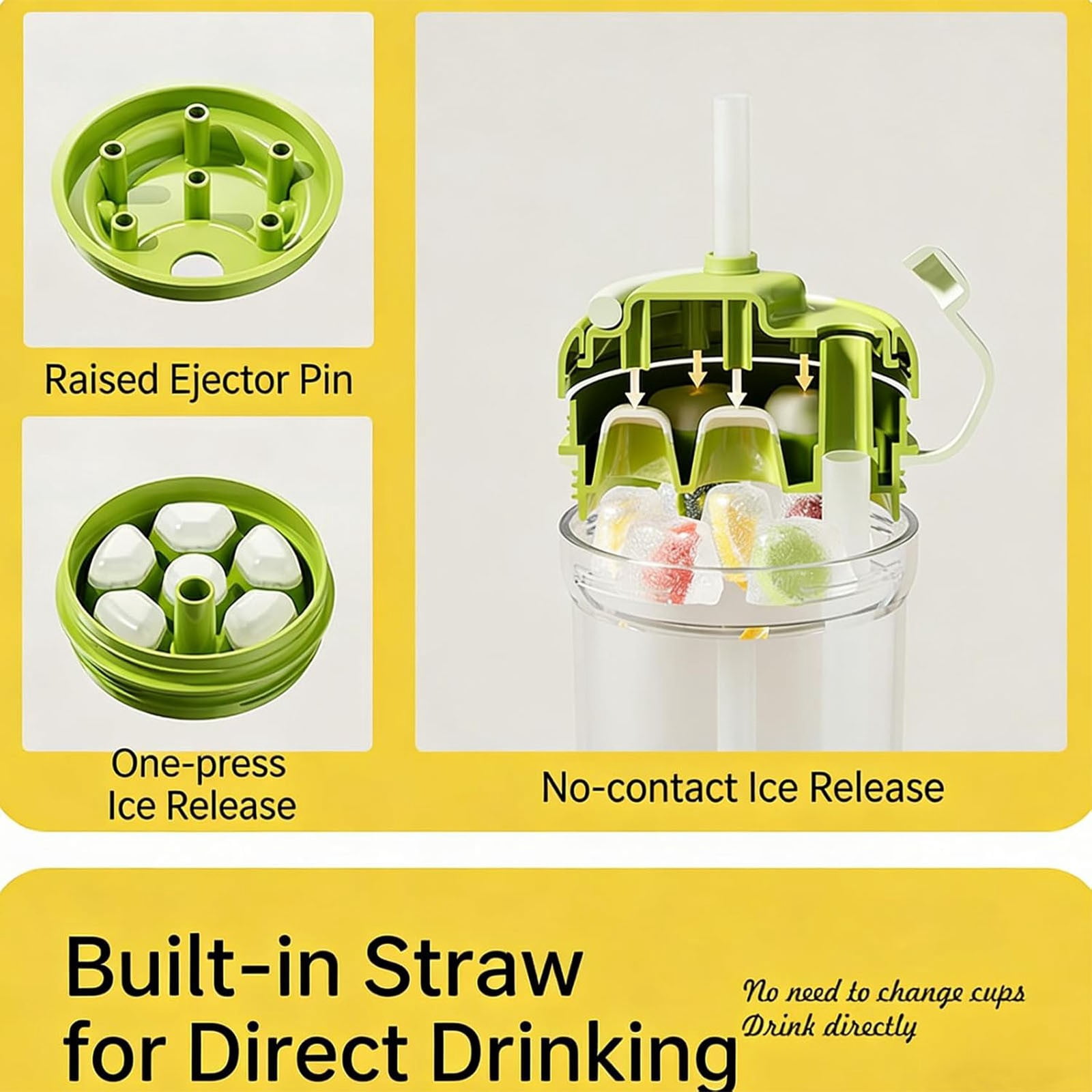 ZFSBZBS 3-in-1 Ice Cube Bottle with Straw - Easy Press Ice Tray Water Bottle, Leak Proof Lid, Vertical Ice Maker for Freezer, Travel, Gym & Home Use (Green, 500ml)