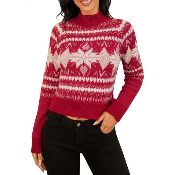 ZAFUL Women's Cute Christmas Striped Diamond Crew Neck Christmas SweaterRed L