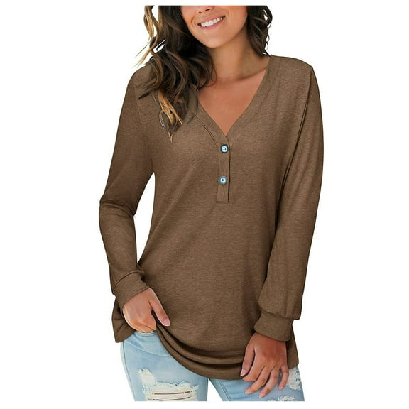 YOUSNH Women's Solid Color V-Neck Button Causal Long Sleeve Tops Blouse Loose T Shirt Womens Tops Brown XXXL