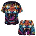 thumbnail image 3 of Tiger Animal Graffiti Women's Ruffle Short Sleeve Tops And Shorts Cute Peeps Bunny Pajamas Sets, 3 of 7