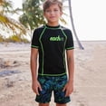 thumbnail image 2 of Rggeeun Child Boys Swimsuit Set 2Pc Letter Print Short Sleeve Crew Neck Top & Elastic Waist Tie-Dye Floral Pattern Loose Fit Knee Length Trunks for Summer Beach Wear Cozy Swimwear,Black,11-12 Years, 2 of 9