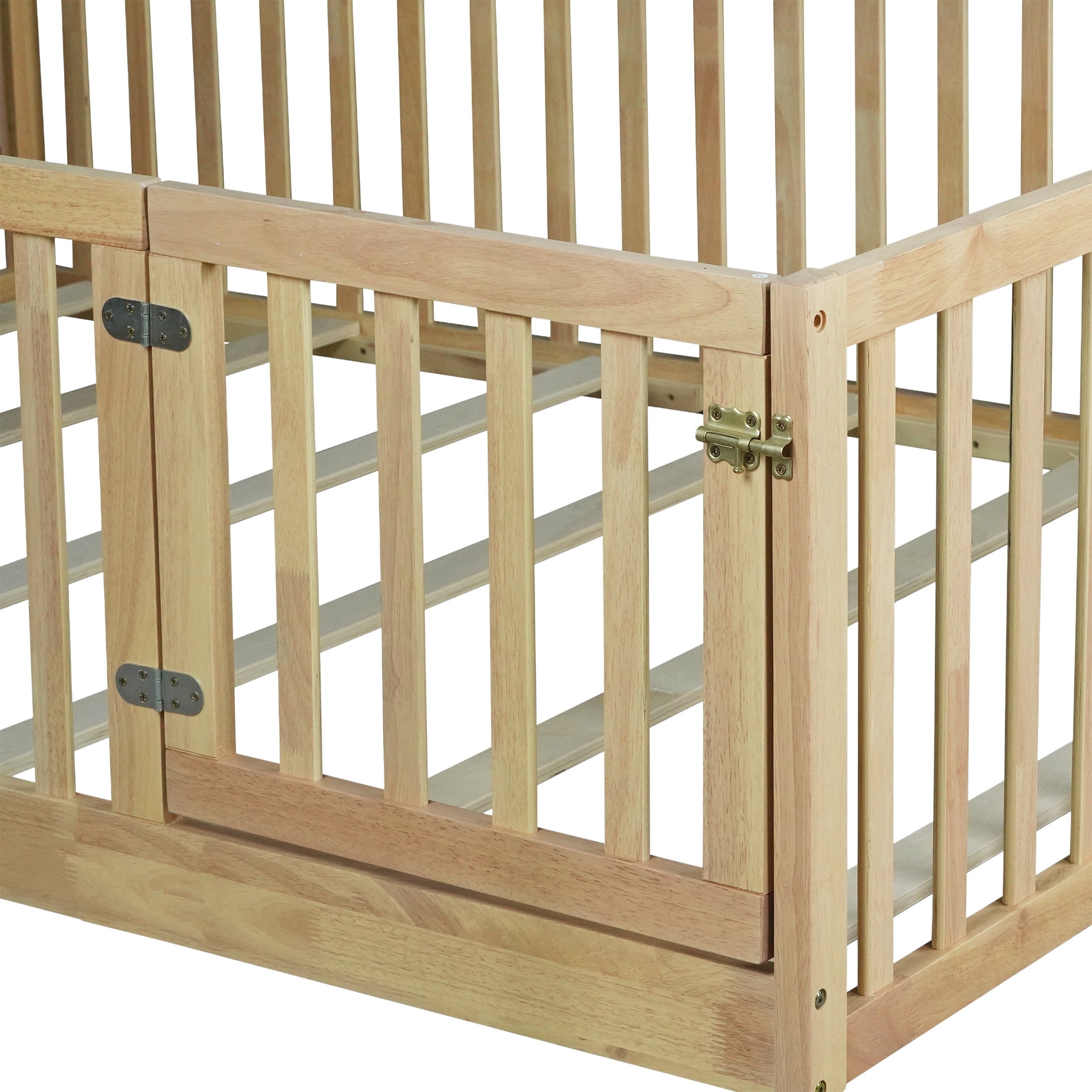 PORKISS Full Size Floor Bed with Door and Fence, Twin Size Bed Frame with Bed Slats, Sturdy Wood Floor Bed for Kids, Boys, Girls, Montessori Bed Frame, Natural
