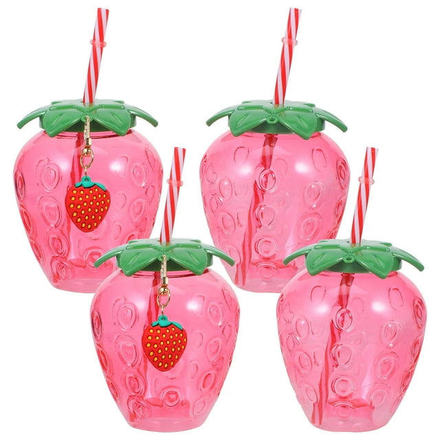 worgeous tazas con pajita de frutas para niñas, adorables vasos de fresa, vasos para beber a la moda, 4 uds. Conjunto de 4 vasos rosa con forma de fresa en plástico PP translúcido (12x10x10 cm), tapas verdes con hojas y pajitas a rayas rojo-blanco; dos vasos incluyen colgantes de fresa; apropiados para fiestas temáticas, cumpleaños y decoración de mesa.