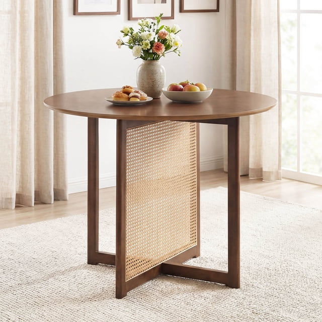 Costway Round Dining Table with Cross Pedestal Base, PE Rattan Decoration for Dining Room