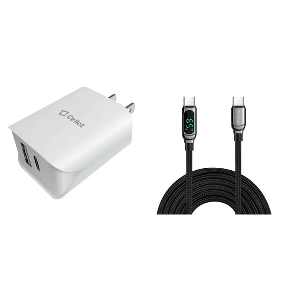 Cellet UL Certified 18W 2-Port USB-C Power Adapter with 60W Digital LED Display USB-C to USB-C Cable for Kyocera DuraForce Pro 3 - White