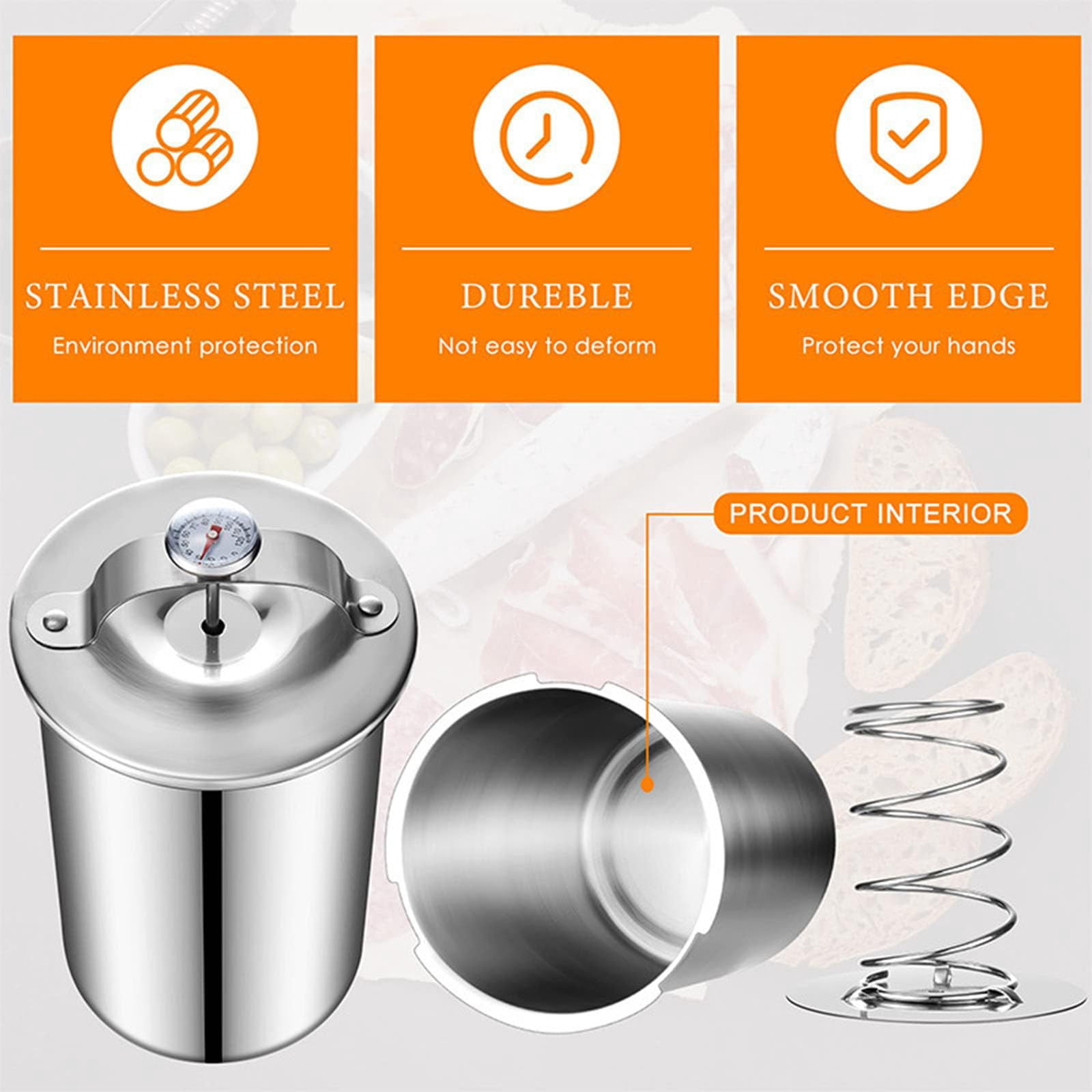 Stainless Steel Deli Meat Press with Thermometer, Food Grade 304 Ham Maker for Healthy Homemade Deli, Sturdy Meat Presser for Kitchen and Camping