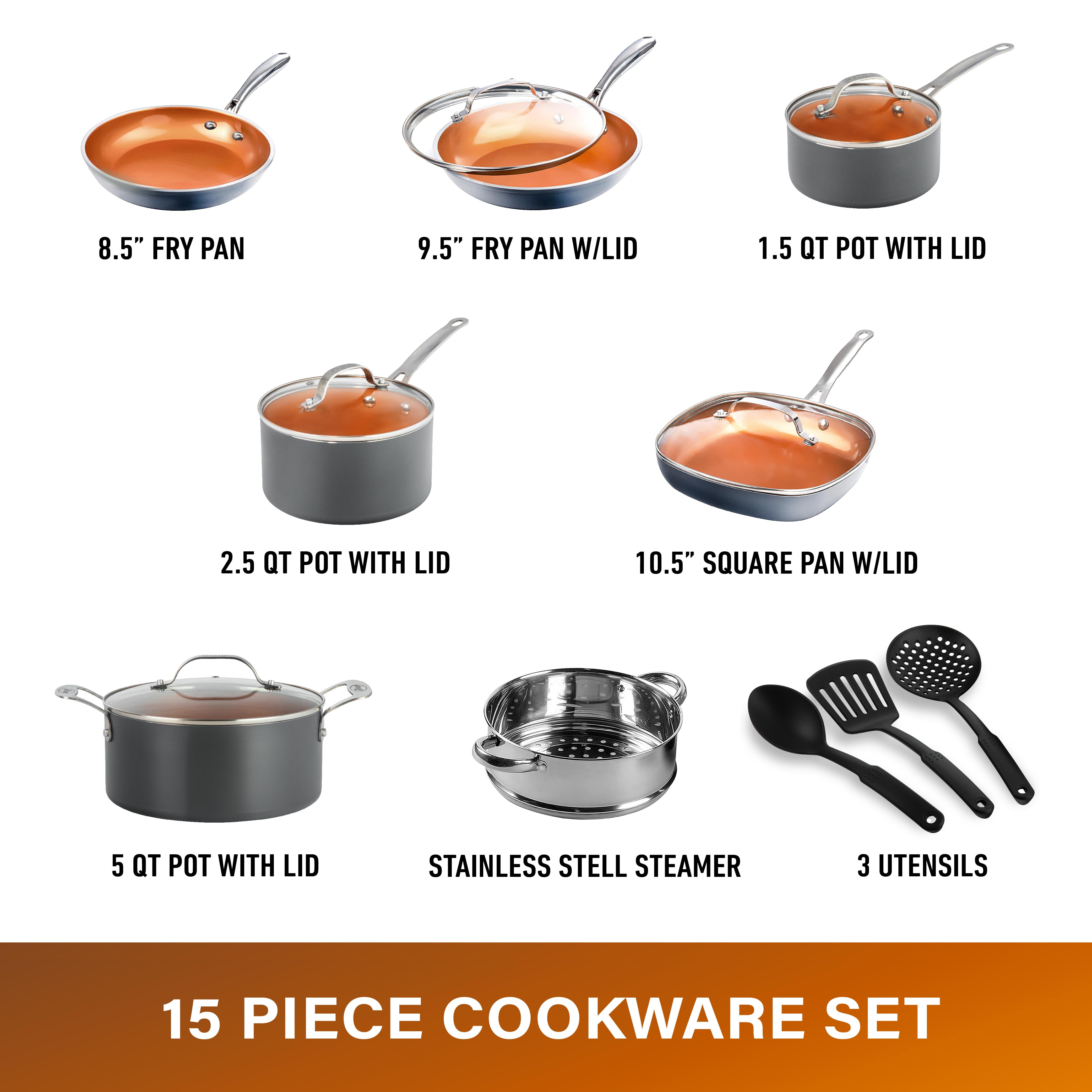Gotham Steel 15 Piece Ceramic Cookware Set, Nonstick, Nontoxic, Oven & Dishwasher Safe, Stay Cool Handles Ceramic Cookware Set, Copper