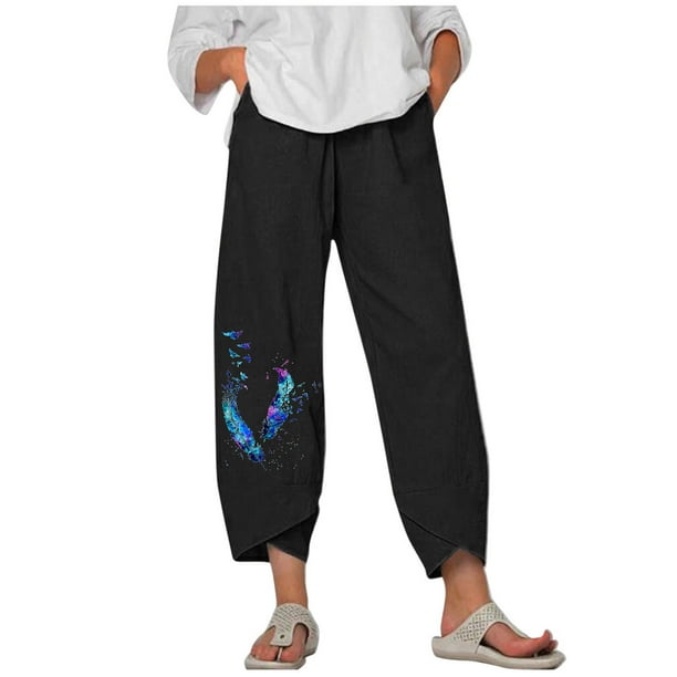 Moda Mujer Verano Casual Suelto Algodón Y Lino Bolsillo Impresión Pantalones Pantalones Odeerbi ODB-6