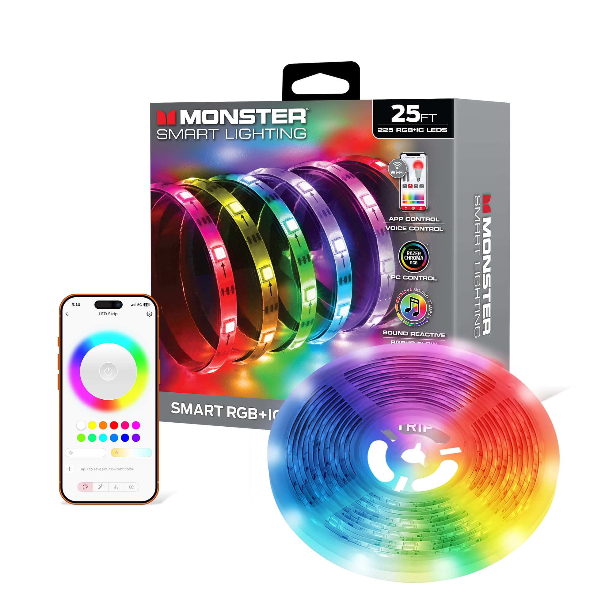 Monster Smart 25ft LED Strip Lights, Multicolor LED Lights for Bedroom, Sound Reactive, App & Voice Control