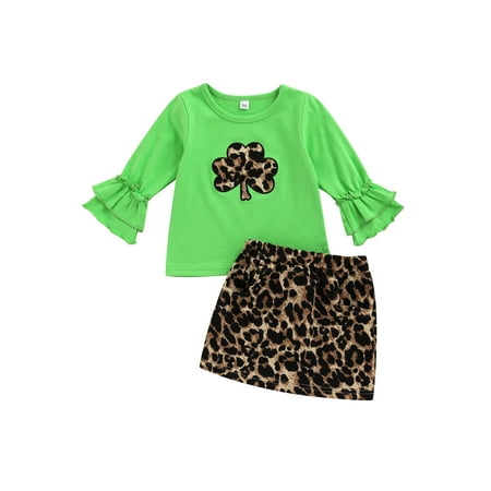 

Eyicmarn Toddler Kids Girl St. Patrick s Day Outfits Ruffle Flared Long Sleeve Leaf Printed Shirt Tops with Leopard Skirt Sets