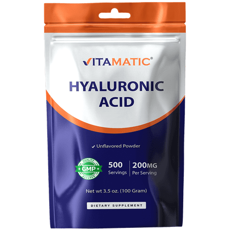 Vitamatic Hyaluronic Acid Powder 200mg - Supports Healthy Connective Tissue and Joints - Promote Youthful Healthy Skin - 100 Gram