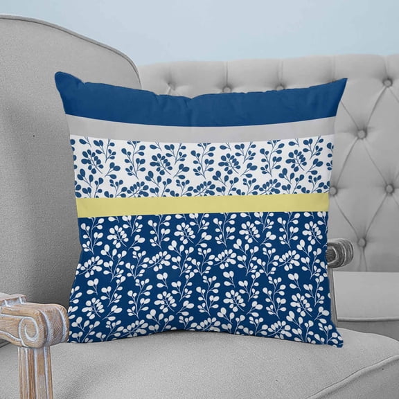 Blue Yellow Throw Pillow Covers, Soft Pillowcases with Invisible Zipper, Botanical Floral Motifs Wildflower Striped Decorative Square Pillow Cushion Covers for Living Room Couch Sofa Bed 16x16 Inches