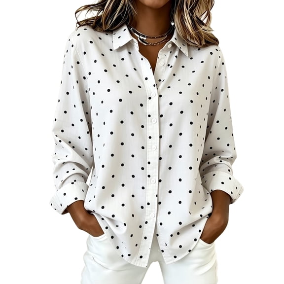 Domzest Womens Polka Dot Shirt Long Sleeve Button Down Shirts Loose Fit Lightweight Business Dressy Casual Blouse White S