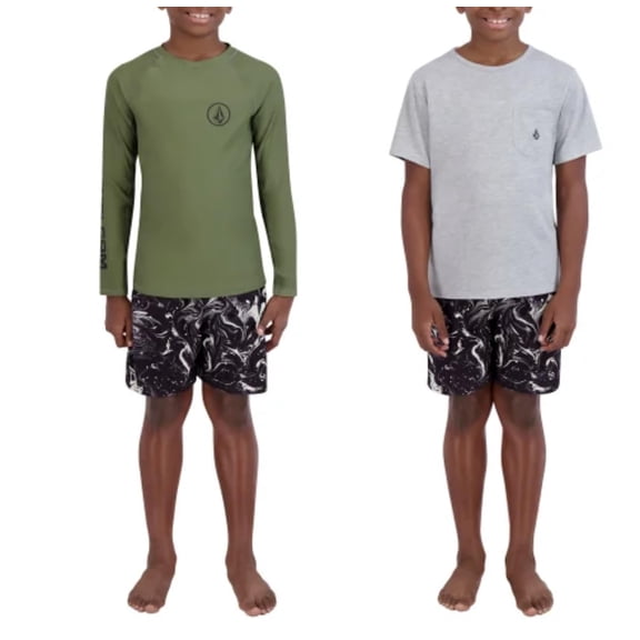 Volcom Youth Boy's 3 Piece Swim Set, Tee, Swim Short and Rashguard (US, Alpha, Small, Regular, Green)