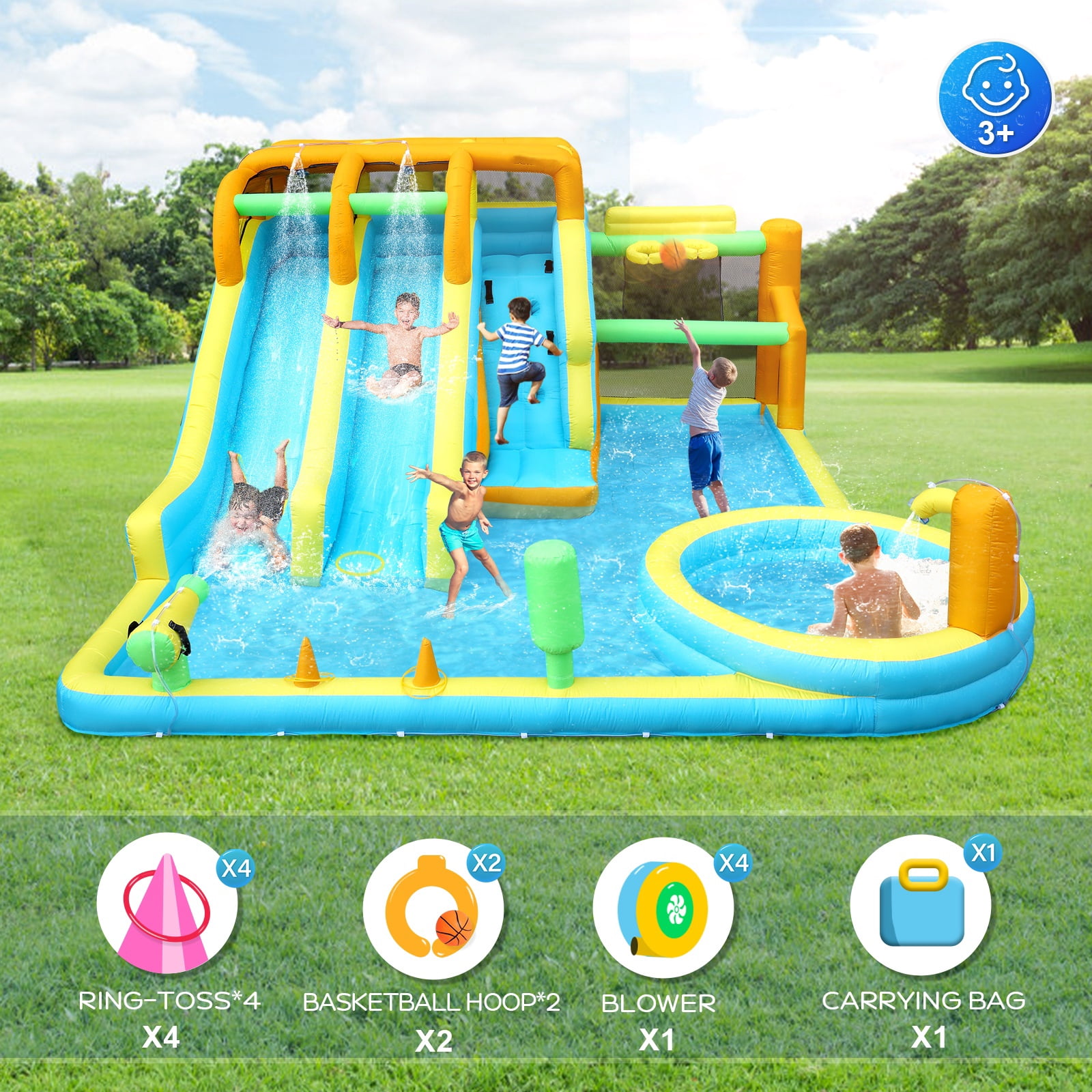 Ktaxon 11-in-1 Inflatable Water Slide Bounce House with Blower, Double Slides Water Park, Pool & Basketball & Football Games for Kids Backyard