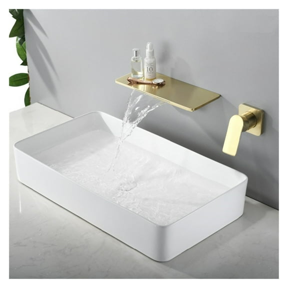 Basin Faucet Wall Mounted Brushed Gold Bathroom Sink Faucet In-Wall Black Waterfall Tap Basin Mixer Tap Set Combination