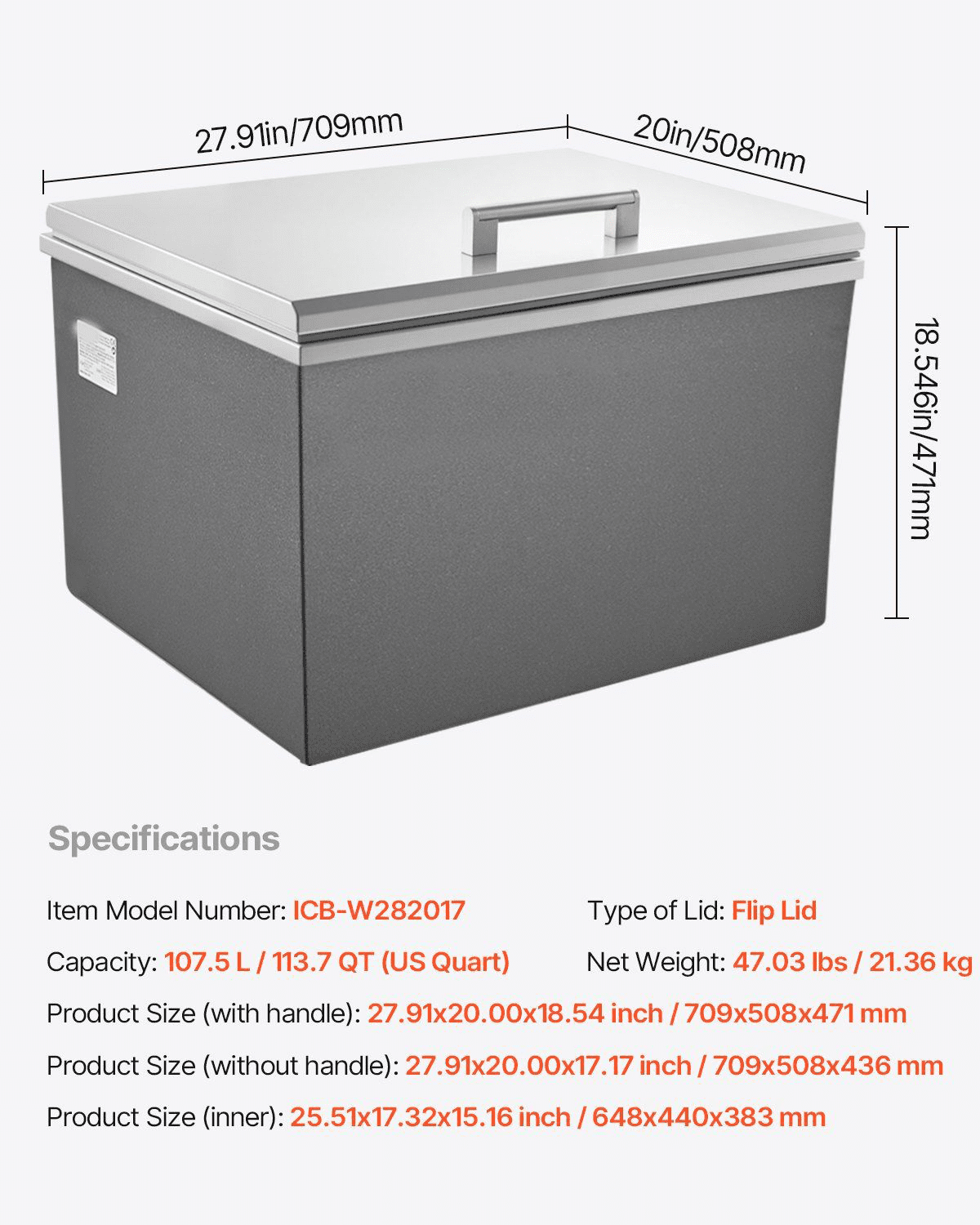 Stainless Steel Drop in Ice Chest, 113.7 Quart Commercial Cooler - Outdoor Kitchen Bar, Patio - with Drain & Flip Lid