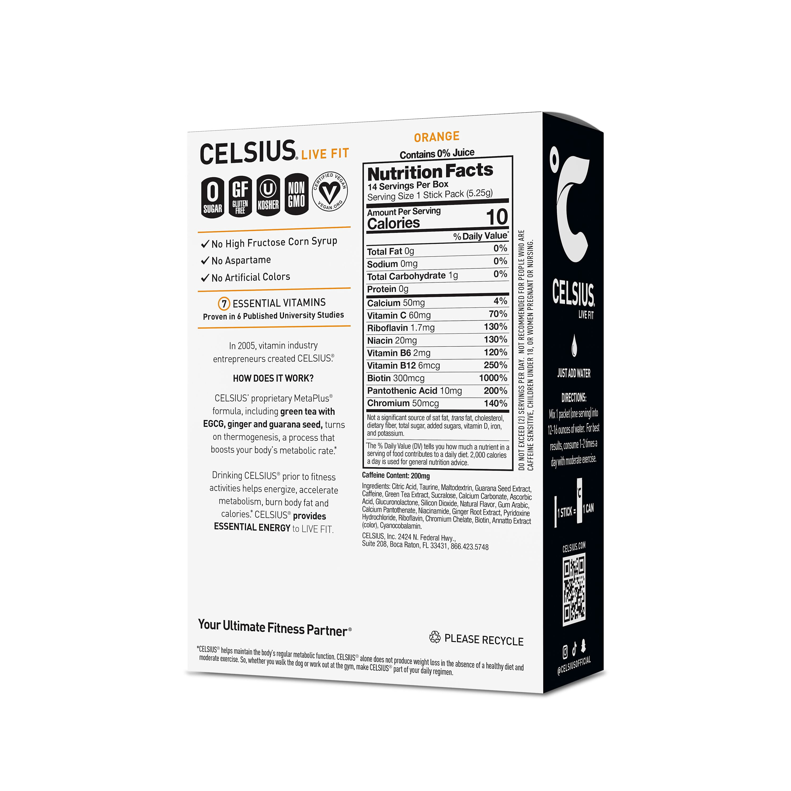 (3 pack) CELSIUS On The Go Energy Drink Mix, Orange (14 Stick Pack)