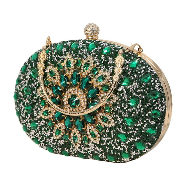 Bolso de mano de noche para mujer, elegante, con brillantes, con cuentas de diamantes de imitación, pequeño bolso de mano. verde