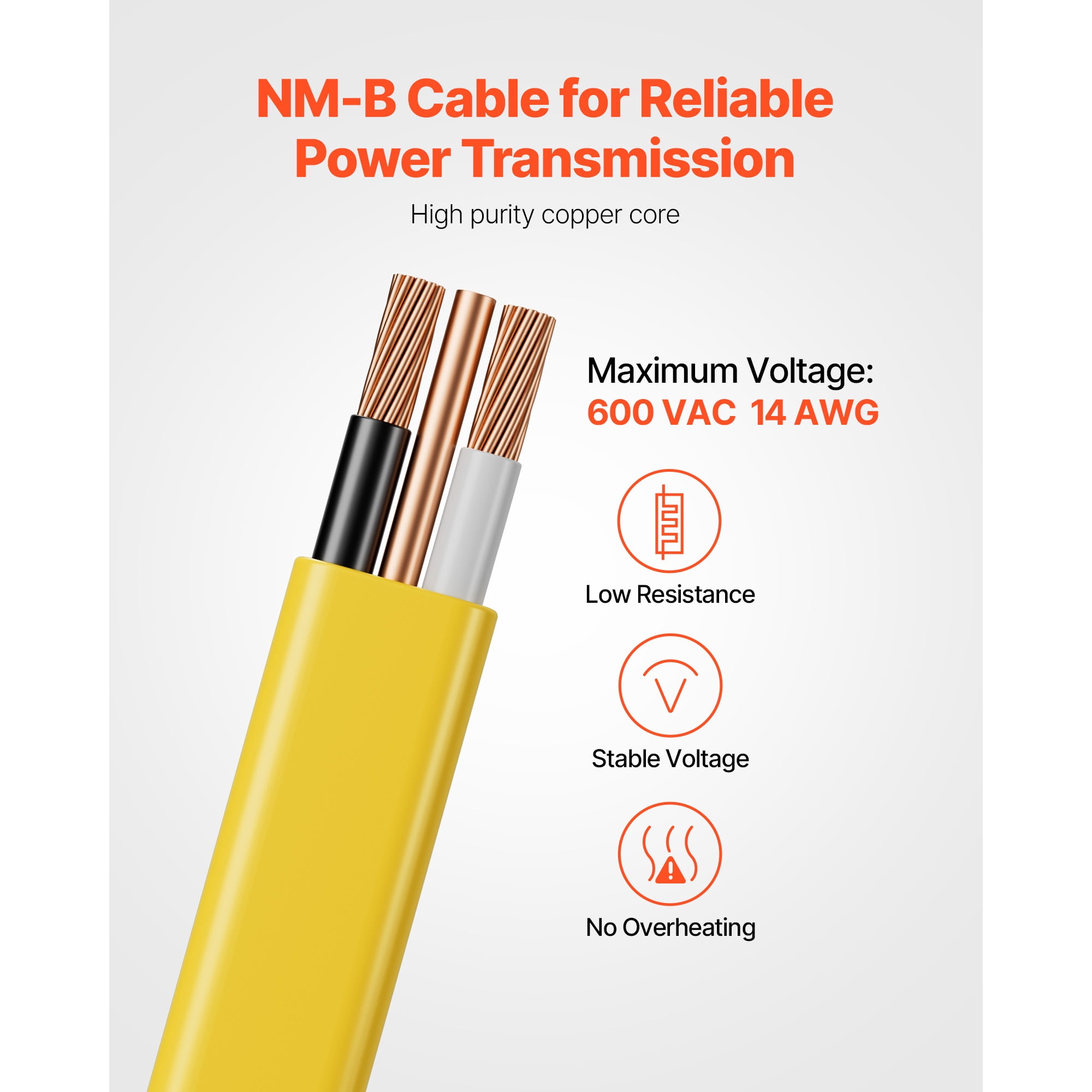 KFFKFF 14AWG/2C Non-Metallic Indoor Electrical Wire with Ground, PVC Sheathed Copper Core Cable for Residential Outlets, Switches, Lighting, and Wiring Projects (100 ft)