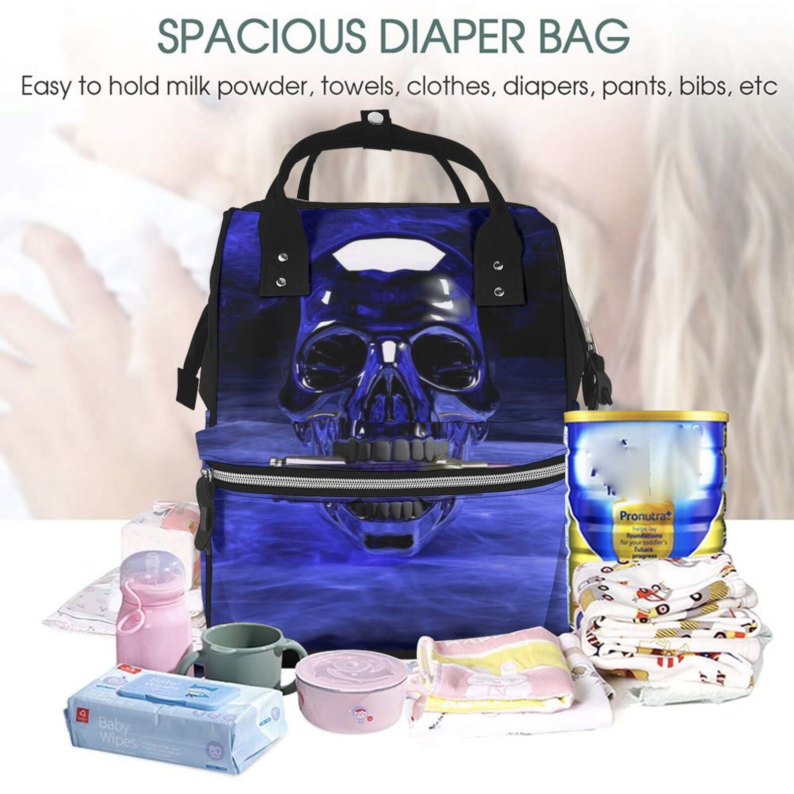 Ratiio Steel Skull Mummy Backpack - Waterproof Twill Canvas, Large Capacity Diaper Bag with Multiple Pockets and Adjustable Straps