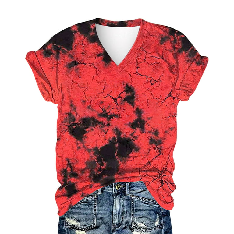 Tie-dye Casual Tees Shirt for Women V-neck Tunic Top Fashion Printed  Workwear Summer Soft Comfy Loose Pullovers 