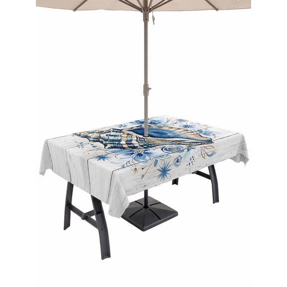 Outdoor Tablecloth with Umbrella Hole for Patio/Picnic/Party/Camping, Nautical Coastal Waterproof Table Cloth Rectangle Table Cover Washable, Summer Ocean Conch Flower Gray Wooden (60"x 120")