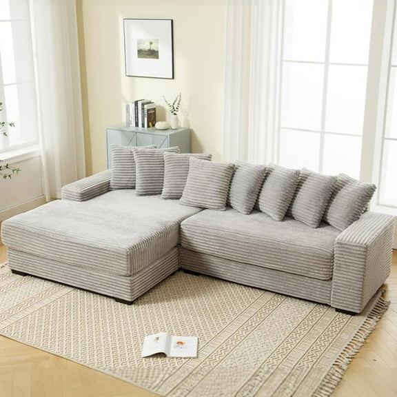 111'' Modern Sectional Sofa, L-Shaped Corduroy Couch with Left Chaise Daybed, Extra-Wide Oversized Lounge, 8 Pillows, Corner Sofa Set for Living Room, Apartment, Office, Hotel, Bedroom, Grey