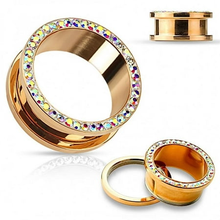 Rose Gold Ear gauges Plugs Screw fit double flare tunnel with Opal cz jewels