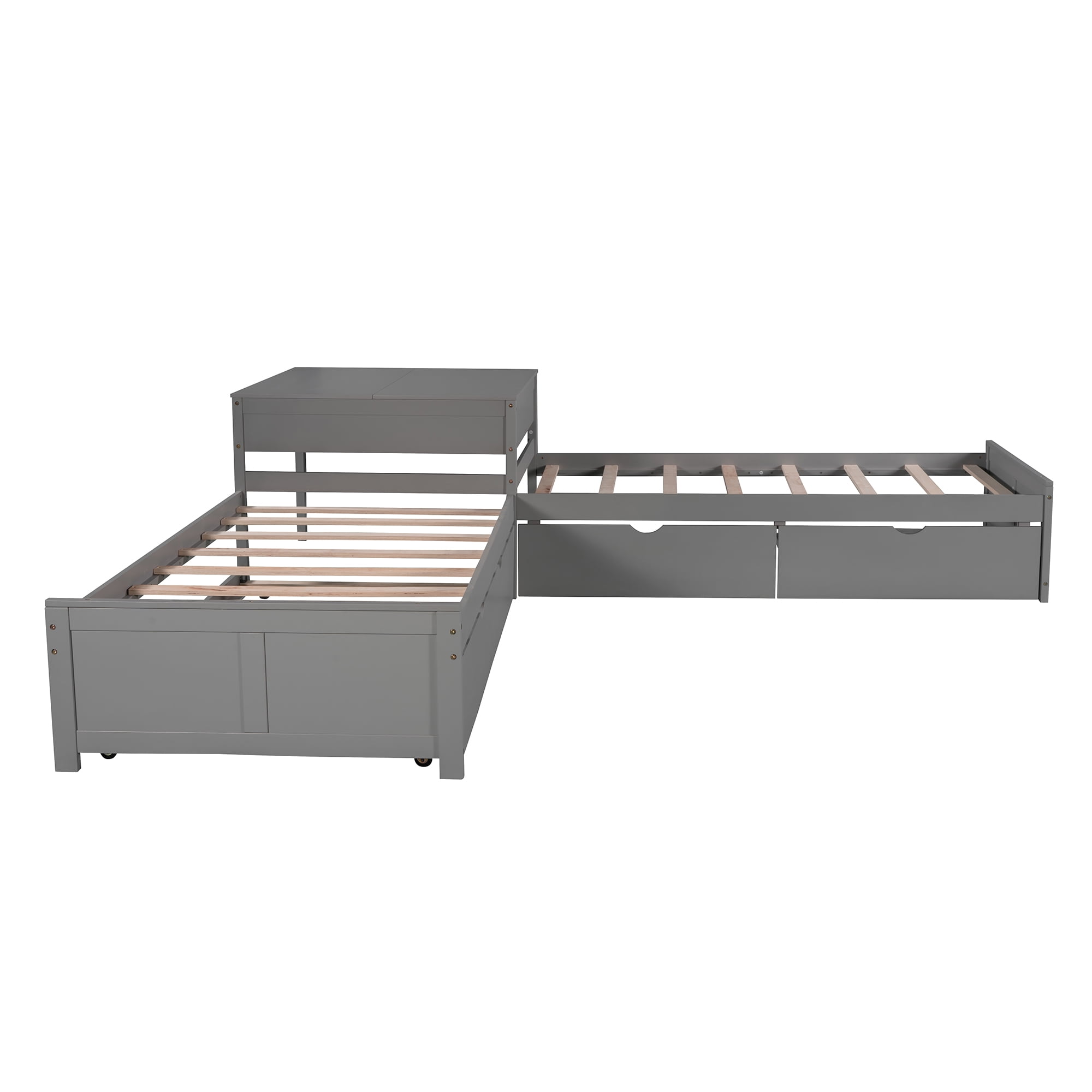 Euroco Pine Wood L-Shaped Twin Platform Bed with Trundle, 3 Beds in One for Bedroom, Trundle Bed with Drawers and Built-in Desk, Gray