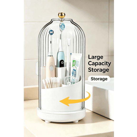 Toothbrush Holders with Cover Toothpaste Organizer for Bathroom, White | 360° Rotating, Dustproof Sliding Lid, Drainage Holes, Waterproof, for Kids Electric Toothbrush Makeup Brush Storage