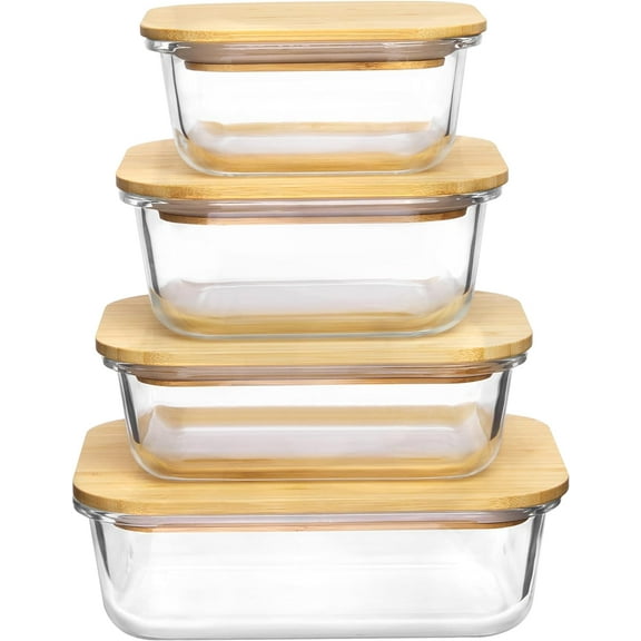 Glass Food Storage Containers with Bamboo Lids, 4 Pack Meal Prep Glass Containers Safe for Microwave, Oven, Freezer and Dishwasher, BPA Free
