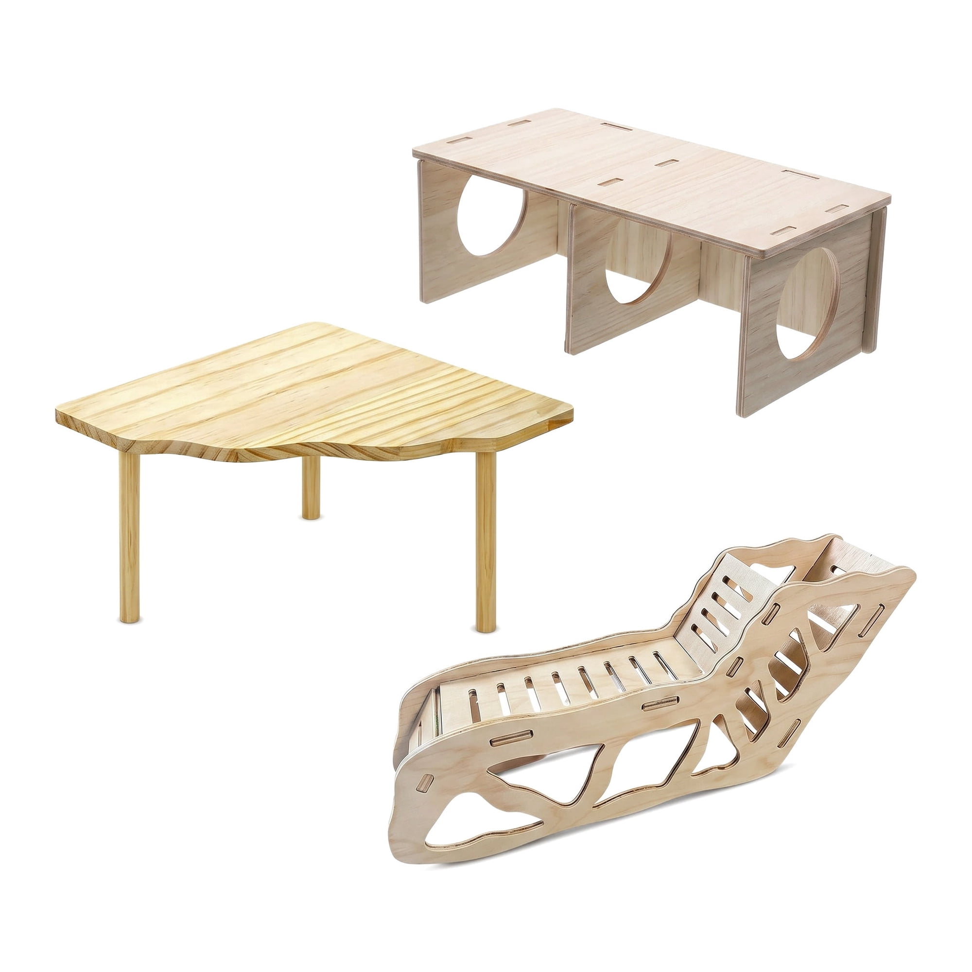 Natural Wood Hamster Platform and Hideout Set – Fixed-Height Wooden Tunnel and Climbing Toy for Syrian Hamsters and Small Pets