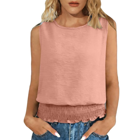 Womens Boho Tank Tops Smocked Trim Casual Fashion Summer Soft Roudn Neck Sleeveless Blouses