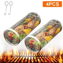 KAMIDA BBQ Rolling Grilling Baskets set for Outdoor, Grill Bbq Net Tube Stainless Steel Large Round Mesh Barbecue Cylinder Cage Cooking Accessories for Veggies Vegetable Fish Camping