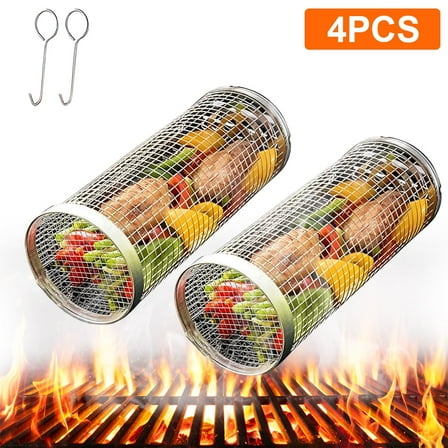KAMIDA BBQ Rolling Grilling Baskets set for Outdoor, Grill Bbq Net Tube Stainless Steel Large Round Mesh Barbecue Cylinder Cage Cooking Accessories for Veggies Vegetable Fish Camping