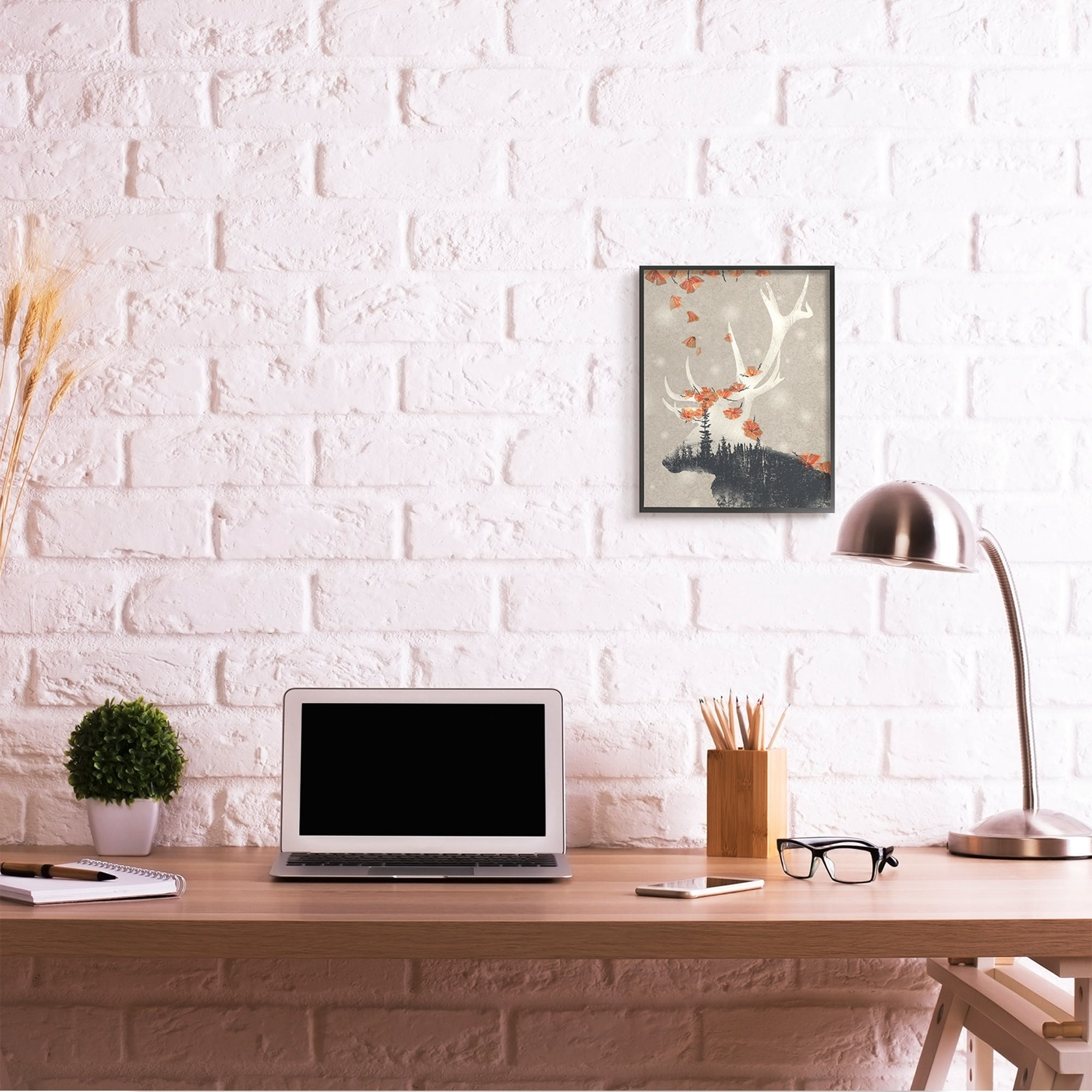 Stupell Industries Tree Forest Elk Silhouette Orange Florals Black Framed by Ziwei Li
