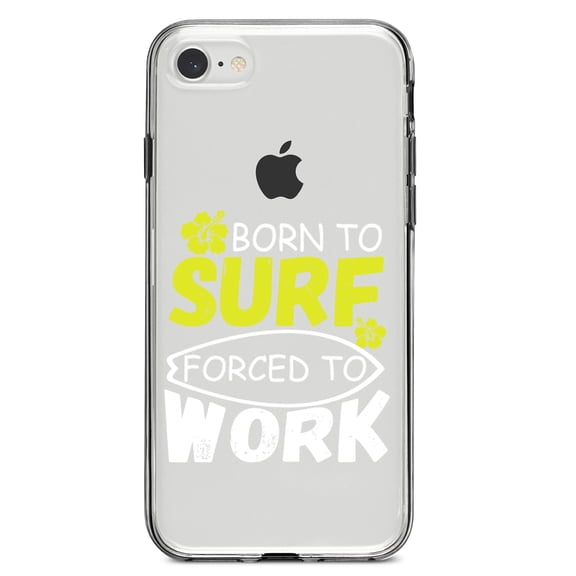 DistinctInk Clear Shockproof Hybrid Case for iPhone 7 8 SE (2020 Model) 4.7" Screen TPU Bumper Acrylic Back Tempered Glass Screen Protector - Born to Surf Forced to Work