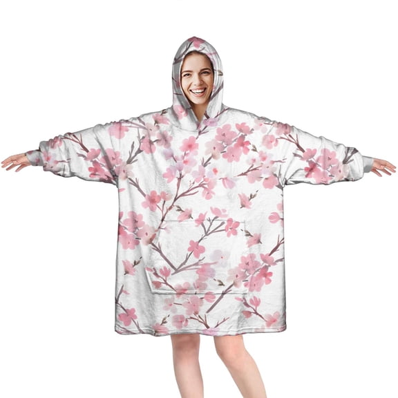 Wearable Oversized Blanket,Pioneer Flower Floral Print Pattern Wearable Blanket Hoodie for Adults,Cozy Hooded Blankets with Super Pockets,Super Warm Fuzzy Pullover for Women & Men