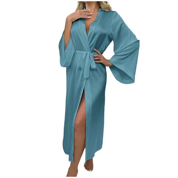Tnhcen Women's Satin Robe Long Sleeve Loungewear Soft Sleepwear Comfortable Home Wear Loose Fit Nightgown S-L Sky Blue