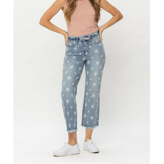 JUDY BLUE HIGH WAIST STAR PRINT CROPPED STRAIGHT JEANS