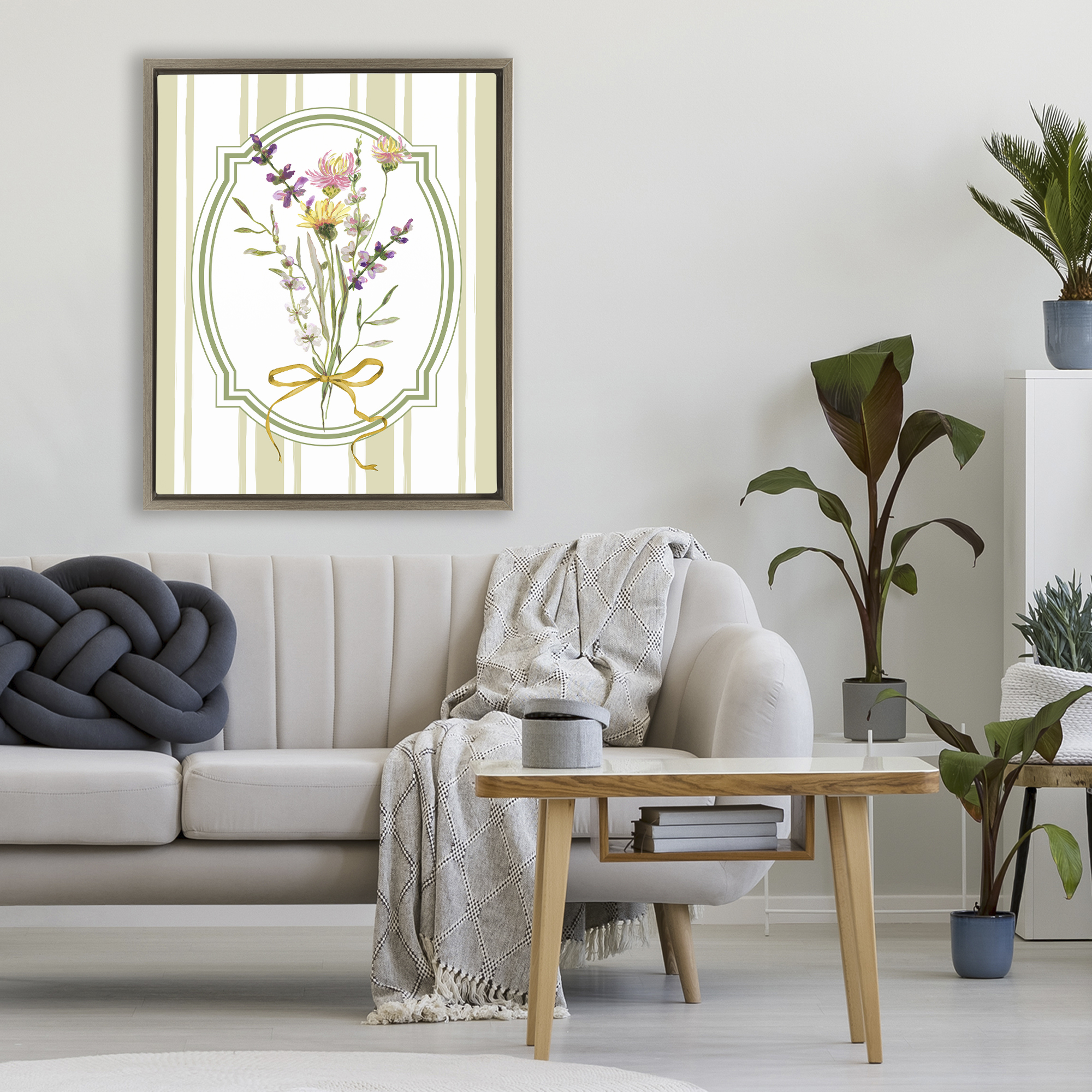 Wildflowers Bouquet Classic Stripes Brown Framed Floater Canvas Wall Art, design by Adonna Ebrahimi