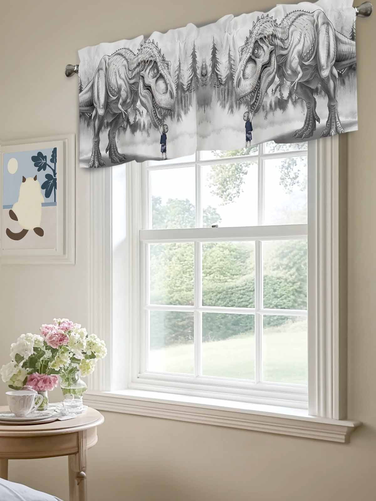 Dinosaurs Boy Curtain Valances for Windows, Gray Funny Cartoon Forest Animals Kitchen Valance Window Treatment, Light Filtering Block Curtains for Bathroom/Bedroom/Living Room 42'' x 18''